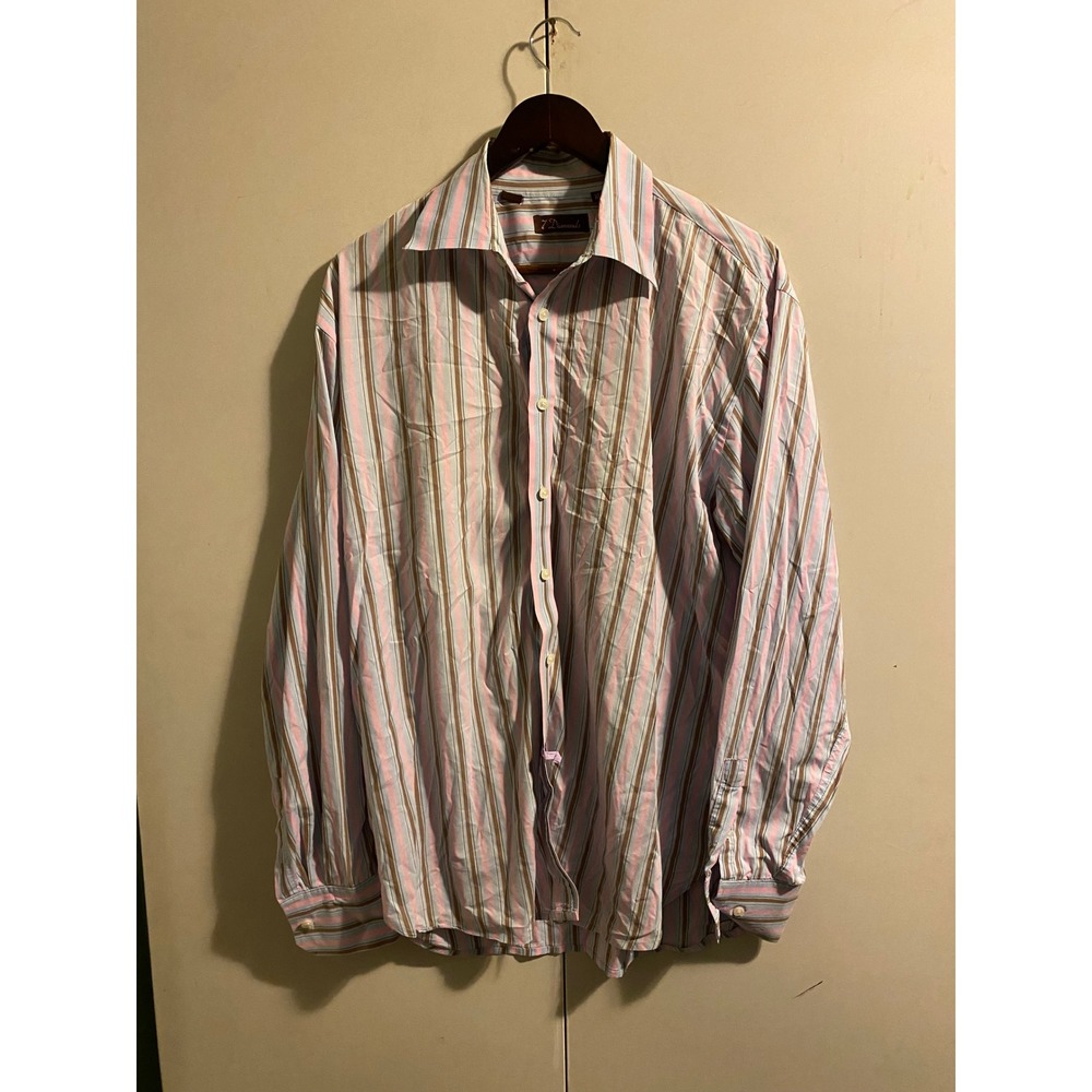 7 Diamonds Button Down Shirt Mens XL Pink Blue Brown Good Striped Long Sleeve